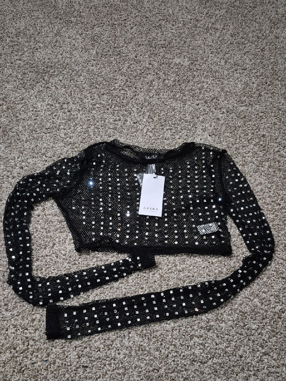 AKIRA Black Rhinestone Mesh Long Sleeve Crop Top